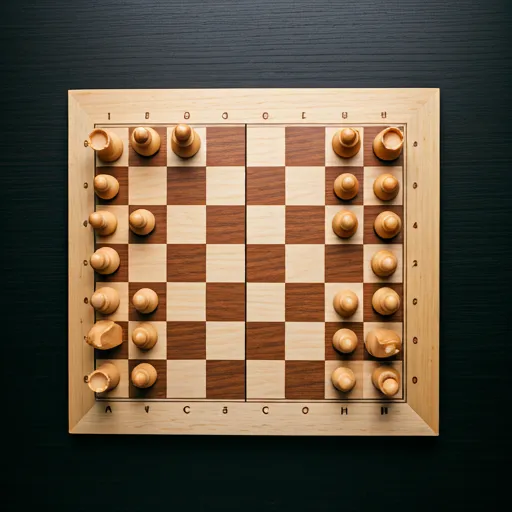 Top down view of a chess board layout with a specific puzzle position setup