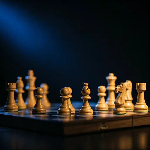 Close up of a chess board with pieces in a dark, dramatic setting with blue lighting