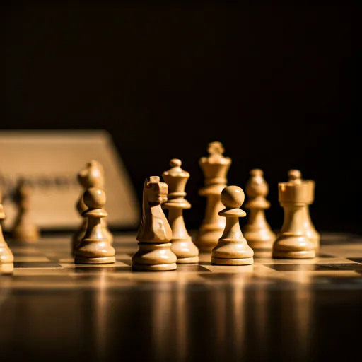 Close up of chess pieces on a board with dramatic lighting